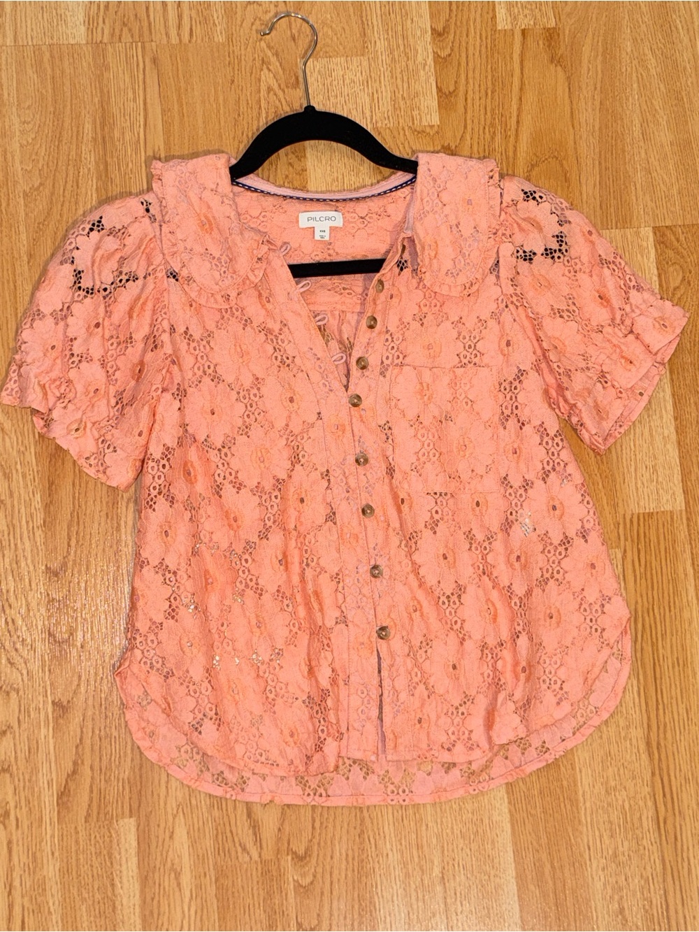 NWOT Pilcro Peach Lace Button-Front Short Sleeve Top/Blouse- xxs